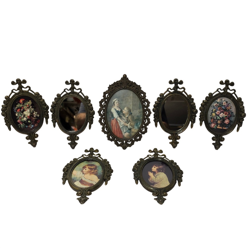 Vintage Action Italy Ornate Brass Miniature Wall Art Mirror Set 7 Pieces *